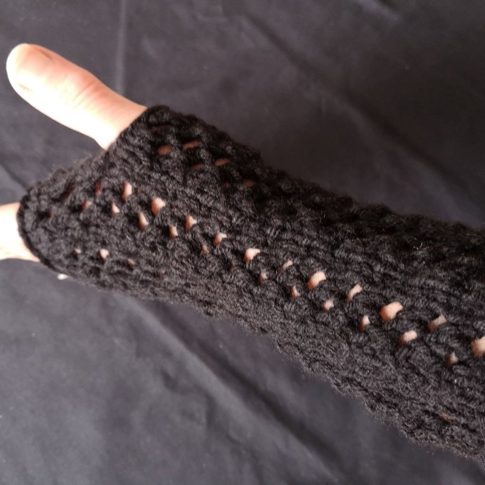 Black Handmade Ajour Knit Fingerless Gloves ArmWarmer Product of Canada